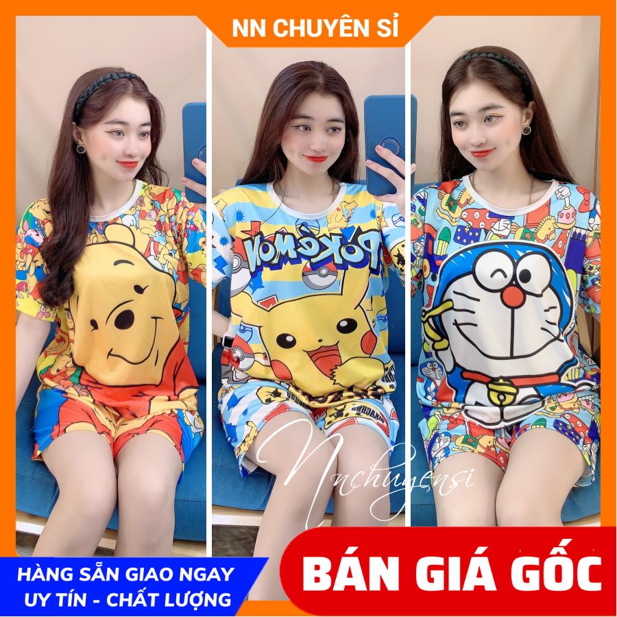 Đồ bộ hoạt hình bé trai bé gái đến 47kg vải thun mềm mịn mát họa tiết bò sữa pikachu doremon báo hồng DBRBD SIZE 6 ĐẾN M