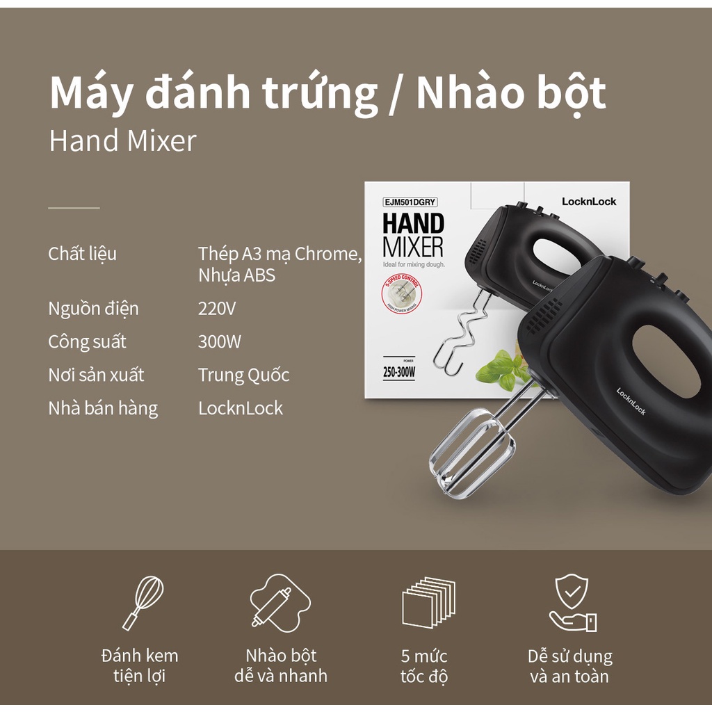 Máy đánh trứng Lock&amp;Lock Hand Mixer - màu xám đậm EJM501DGRY, Công suất 300w, bảo hành 12 tháng