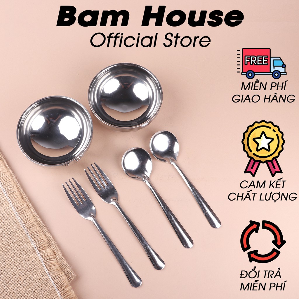 Combo 2 muỗng soup tròn, 2 nĩa, 2 chén inox Bam House cao cấp TMN01 – Gia dụng bếp