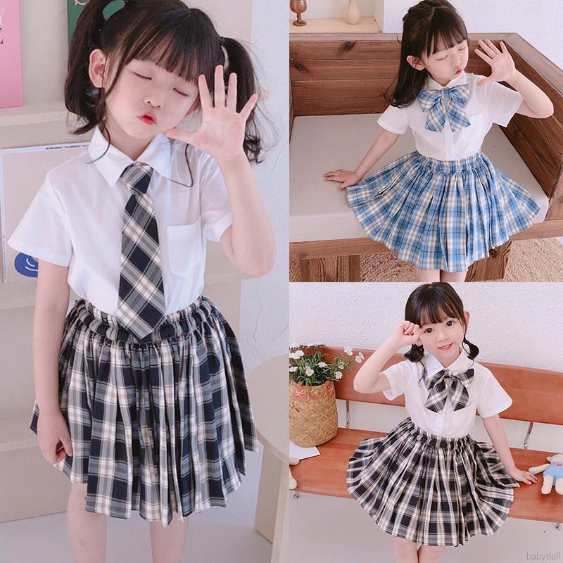 Set đồ 2 món áo sơ mi trắng ngắn tay + chân váy xếp ly cho bé gái