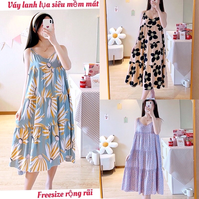 (Mới) Váy lanh lụa hai dây mặc nhà, mặc bầu freesize rộng rãi cực mềm mát