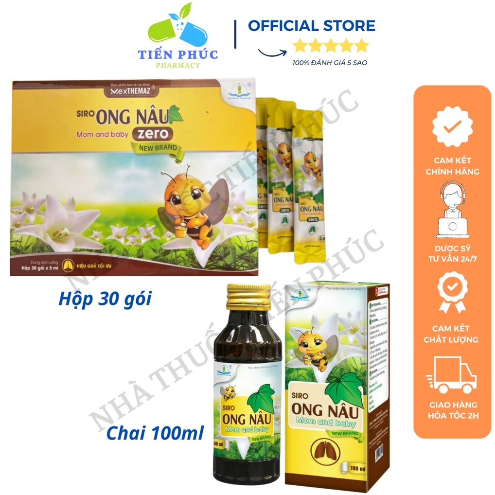 Siro Ong Nâu - Hỗ trợ các triệu chứng ho, rát họng, khản tiếng, đau họng - Hộp 30 gói, Chai 100ml