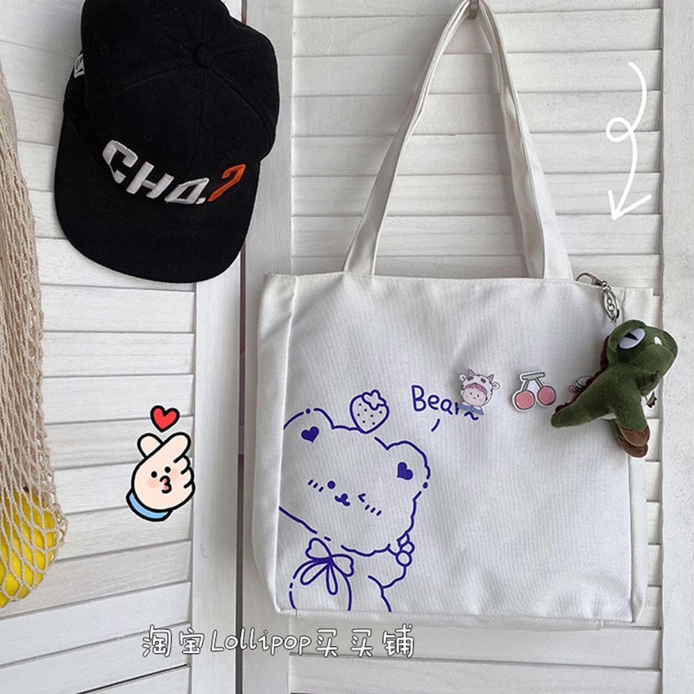 Túi vải tote canvas in hình chú gấu Bear xinh xắn dễ thương phong cách Hàn Quốc