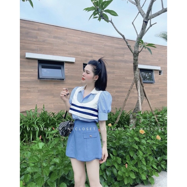 Set 3 Món Gile Kẻ Ngang Xanh