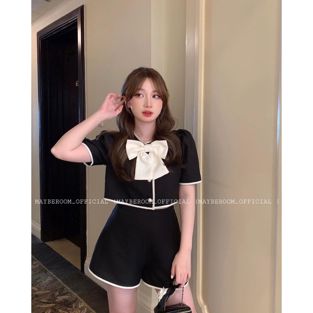 Set áo cổ V nơ to ngực phối viền + Quần short basic Mayberoom