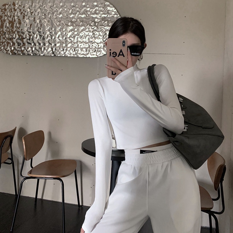 QKOOLE  Áo thun cổ cao dài tay màu trơn phong cách Hàn Quốc thời trang cho nữ