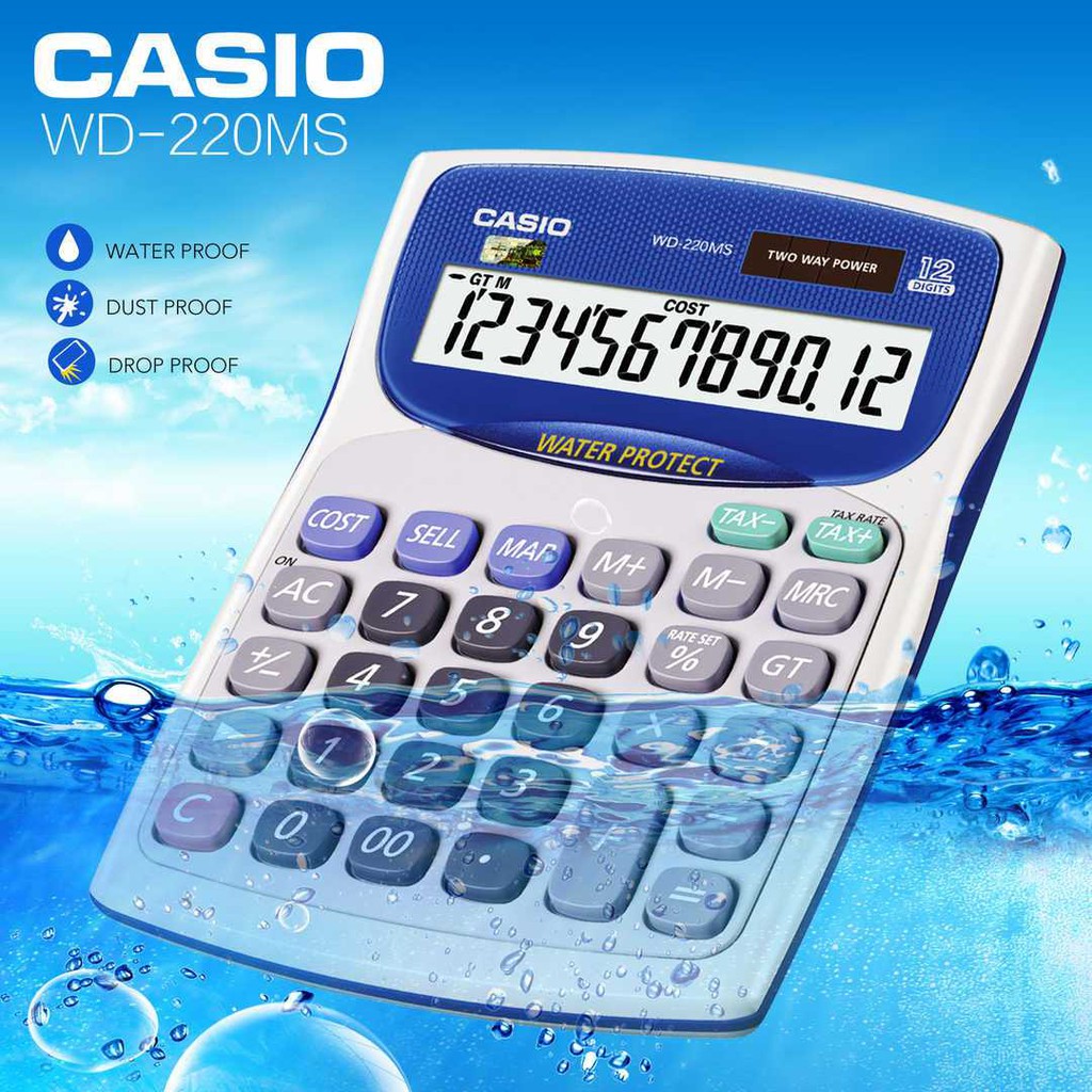 Máy tính Casio kháng nước chống bụi cỡ to và nhỏ 12 số BH 7 năm