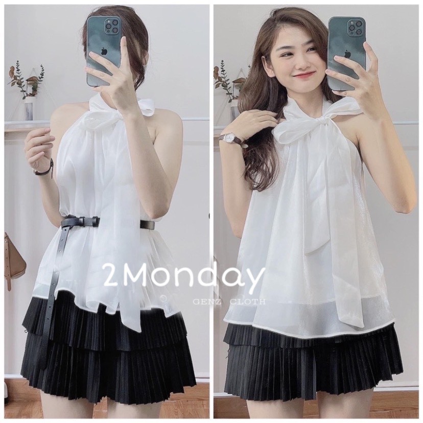 HÀNG SẴN] ÁO YẾM VOAN TƠ 2 lớp kèm dây thắt tiểu thư hàng thiết kế mềm mịn