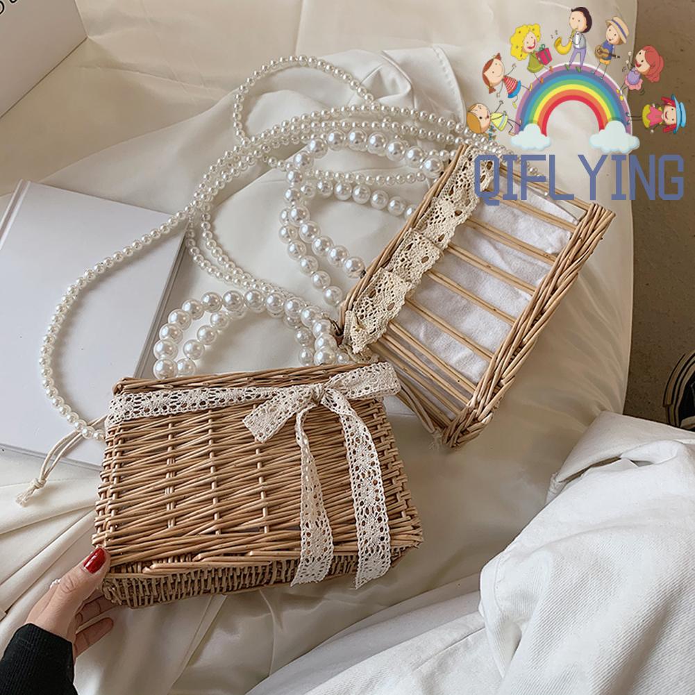 Túi Đeo Chéo Dây Rút Đan Mây Đính Ngọc Trai Giả Phong Cách Retro Dành Cho Nữ