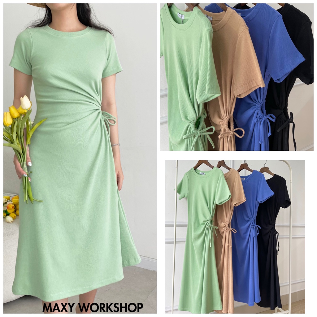 Đầm thun có tay thắt rút dây bên eo lạ mắt form xòe drawstring dress Maxy Workshop