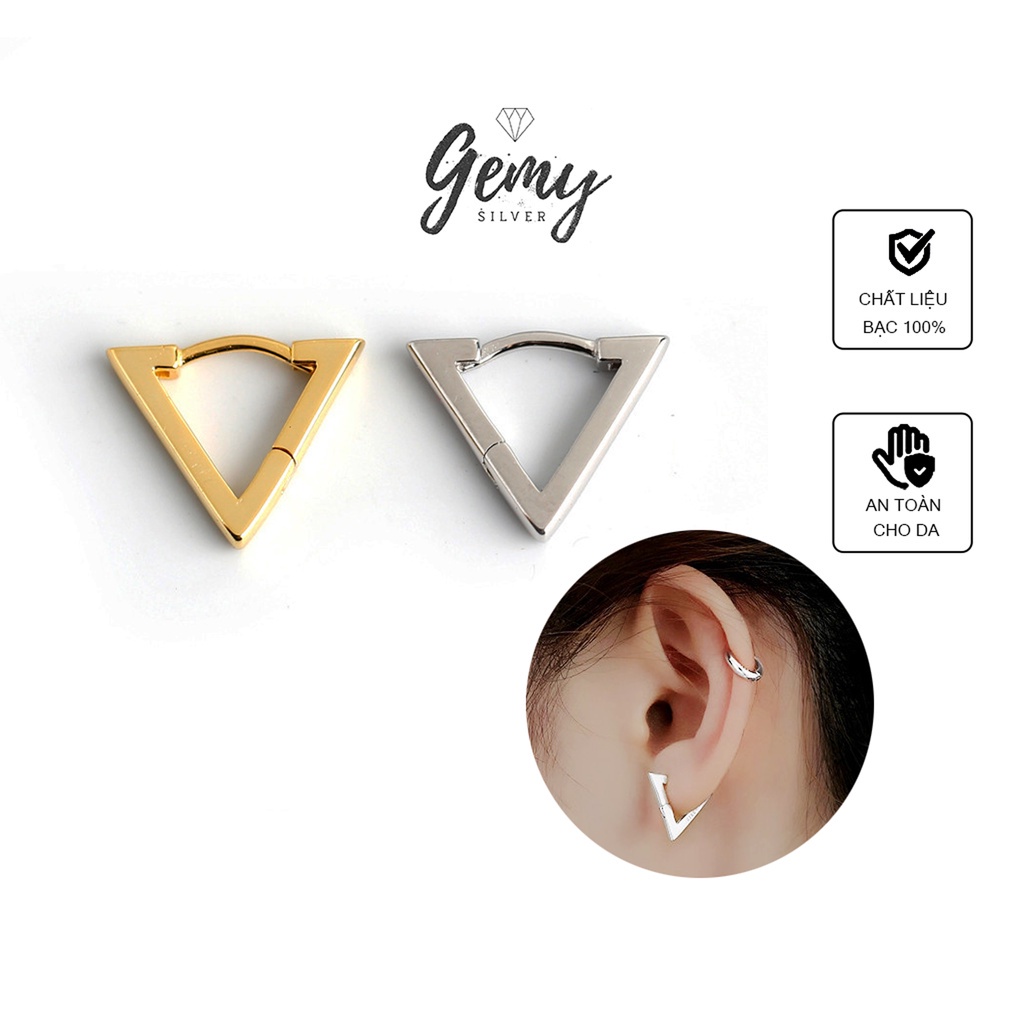 Khuyên tai nam bạc mạ vàng hình tam giác 2 màu thiết kế đơn giản, cá tính, độc đáo (1 chiếc) | GEMY SILVER KN17
