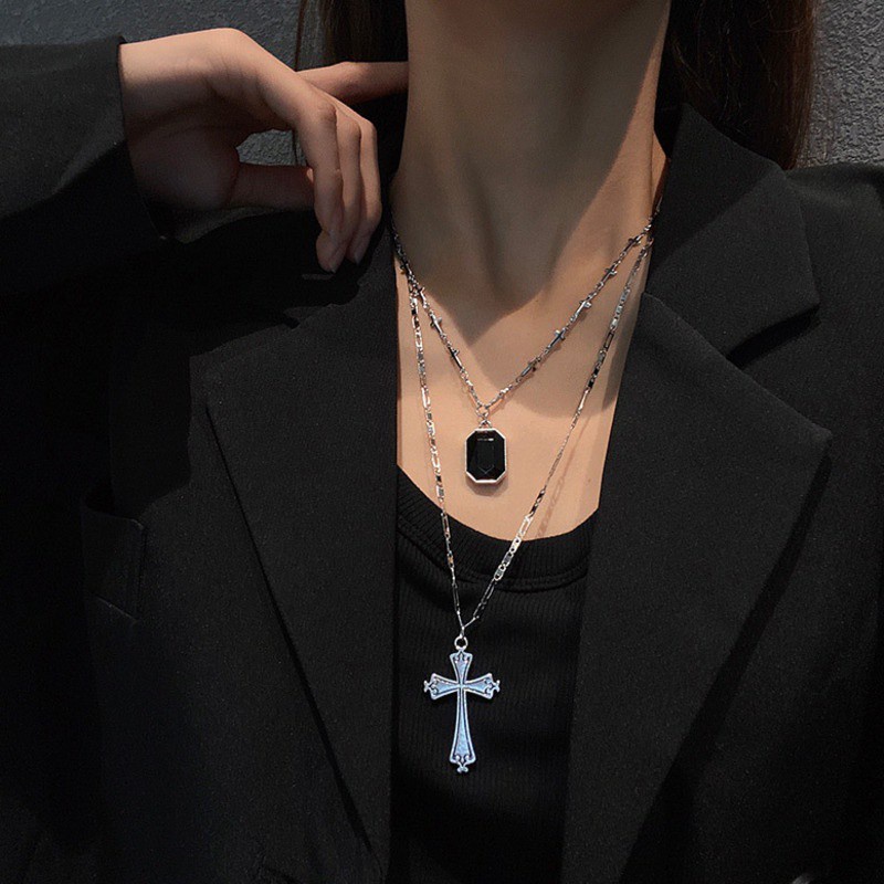 Dây chuyền 191099 nhiều lớp mặt thánh giá đính kim cương màu đen phong cách hip hop đường phố độc đáo