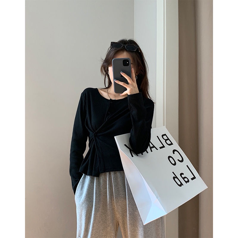 Áo thun tay dài cổ tròn cài nút bên hông phong cách Hàn Quốc thời trang mùa xuân cho nữ