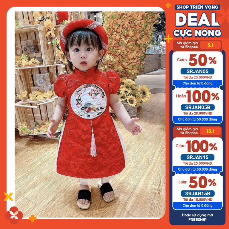 Áo dài cách Tân thêu hoa kèm chân váy trắng tặng mắn siêu xinh cho bé gái - Bm_babyshop68