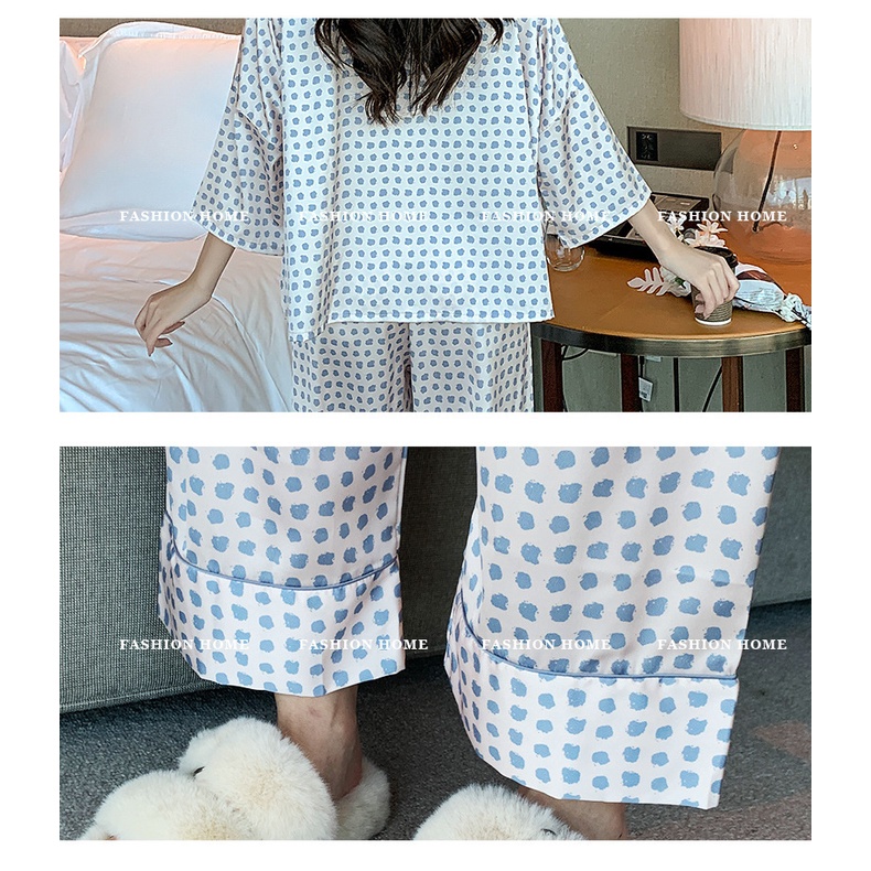 Bộ Đồ Ngủ Lụa Tay Lửng In Họa Tiết Thời Trang Dành Cho Nữ