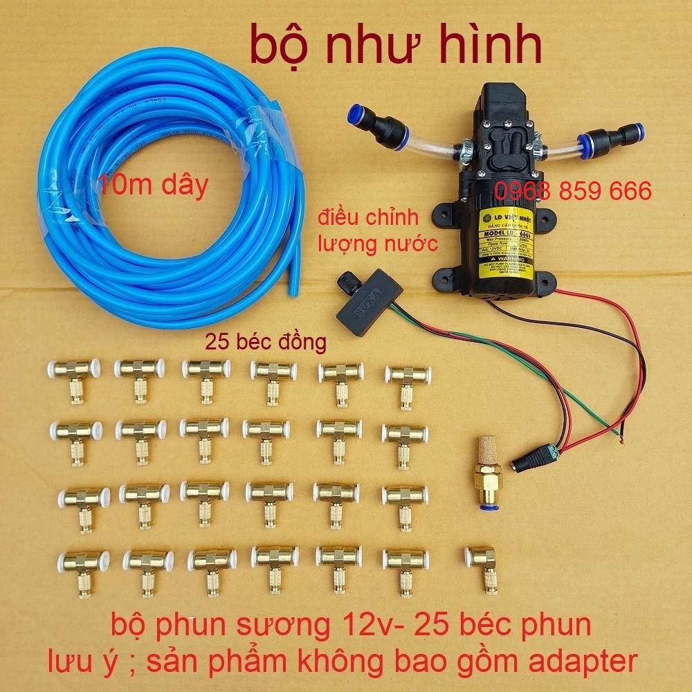 bộ máy phun sương làm mát, tưới lan có điều chỉnh lượng nước, bộ từ 5 béc đến 30 béc (bộ phun sương 12v)