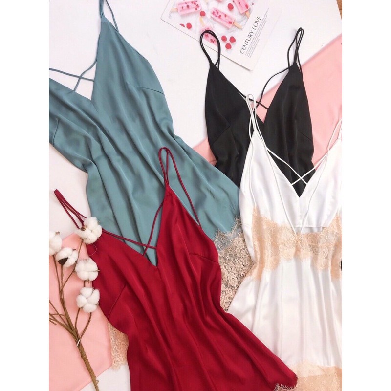 Váy Ngủ Sexy  Cao Cấp  Phối Ren hở lưng quyến rũ Kenshop0602- Đầm Ngủ Lụa Satin Quảng Châu