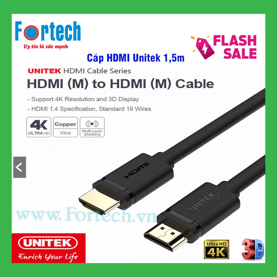 Cáp HDMI Unitek 1,5m Y-C137 - hỗ trợ 4K Ultra HD và 3D