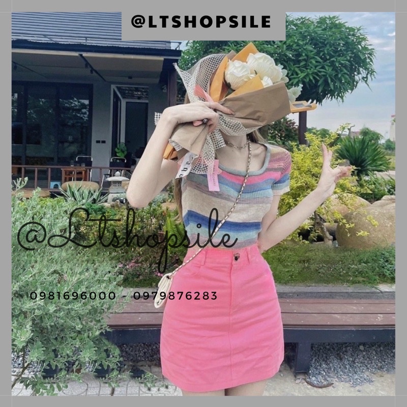 Áo len kẻ mongtoghi cổ vuông phối màu cực xinh