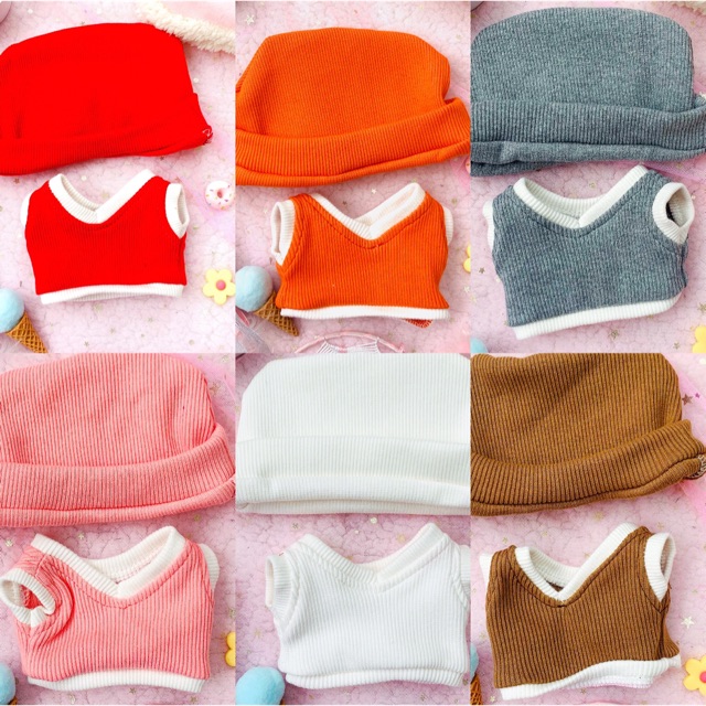 SET NÓN BEANIE KÈM ÁO GILE CHO DOLL 15&20CM