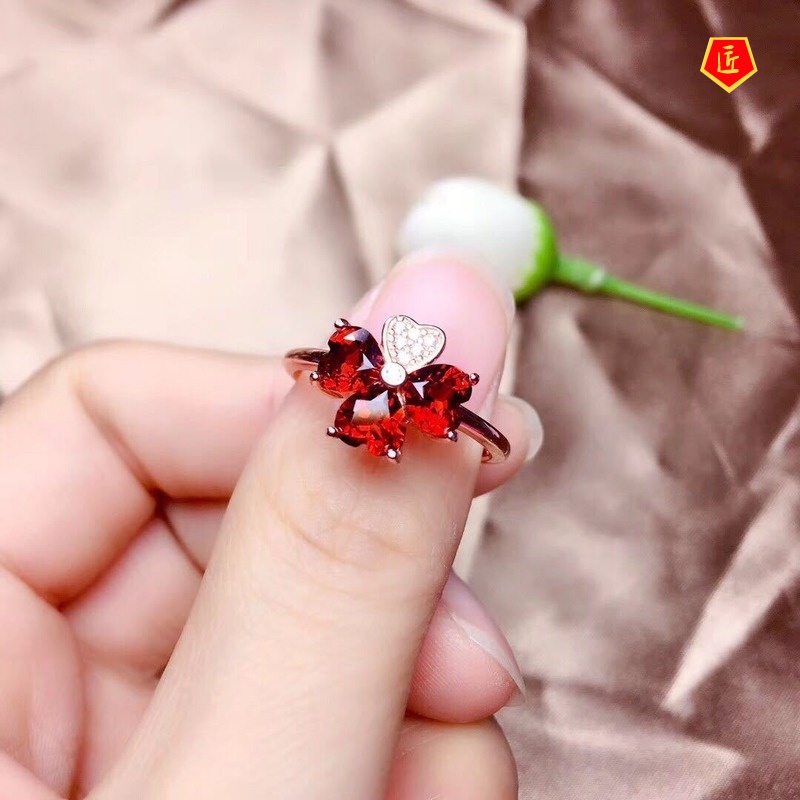 Set Vòng cổ + Nhẫn + Đôi Khuyên Tai Hình Cỏ Bốn Lá Đính Đá Hồng Ngọc Xinh Xắn Cho Nữ