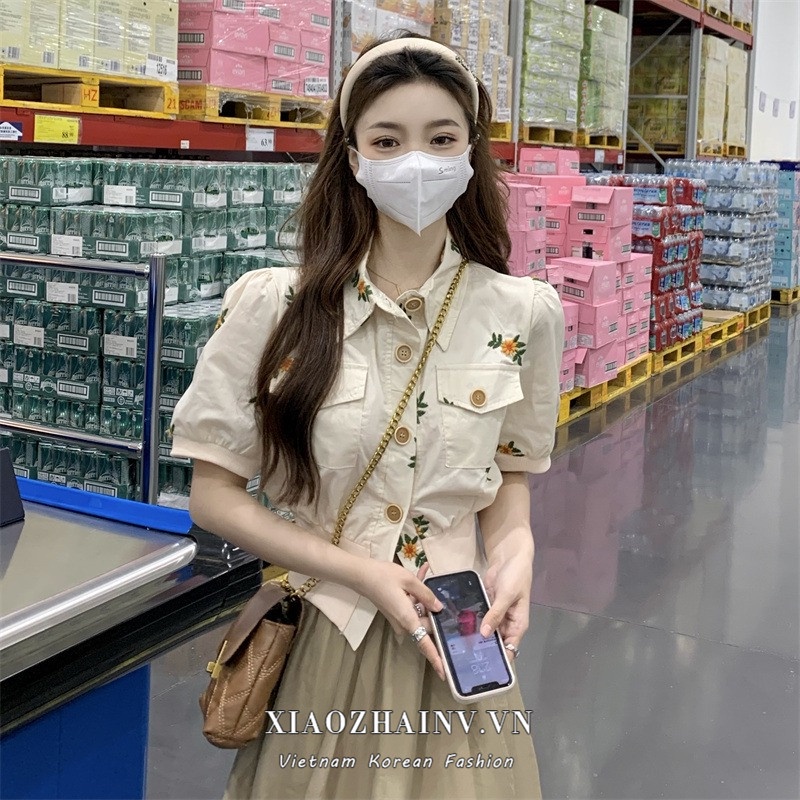 Xiaozhainv Bộ Áo Sơ Mi Tay Ngắn + Chân Váy Dài Vải Voan In Hoa Kiểu retro Pháp Xinh Xắn Cho Nữ