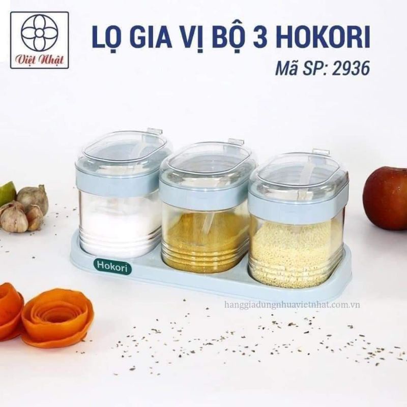 BỘ 3 HŨ ĐỰNG GIA VỊ HOKORI KÈM KHAY