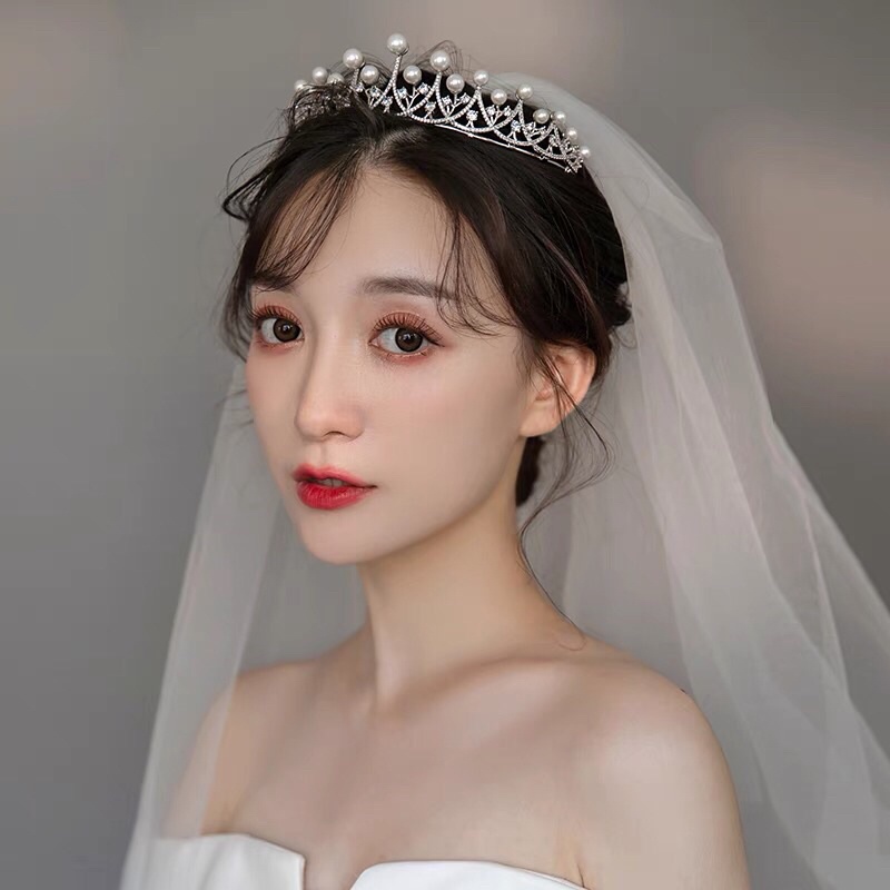 Vương Miện Cô Dâu đính hạt trai màu trắng