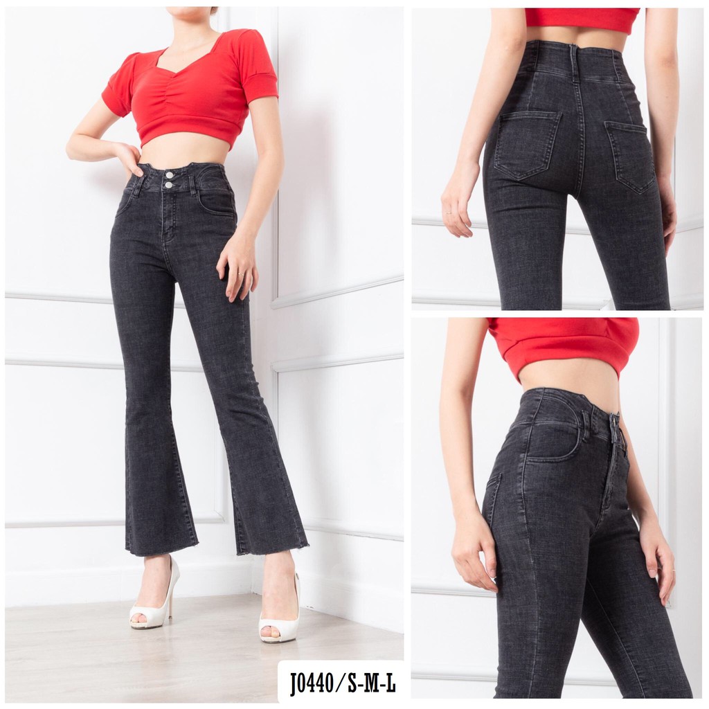 Quần Jean Ống Loe 2 Nút Màu Xám Đen Cạp Cao Siêu Đẹp  J0440