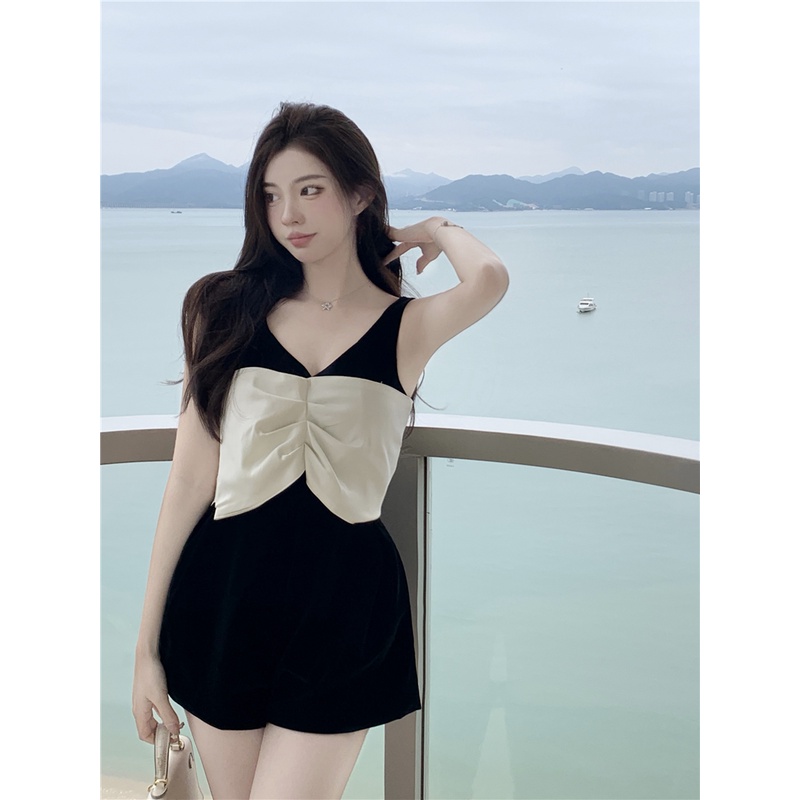 Bộ Áo Liền Quần Hai Dây Ống Rộng Thắt Nơ Phong Cách Trung Hoa Mùa Hè Mới