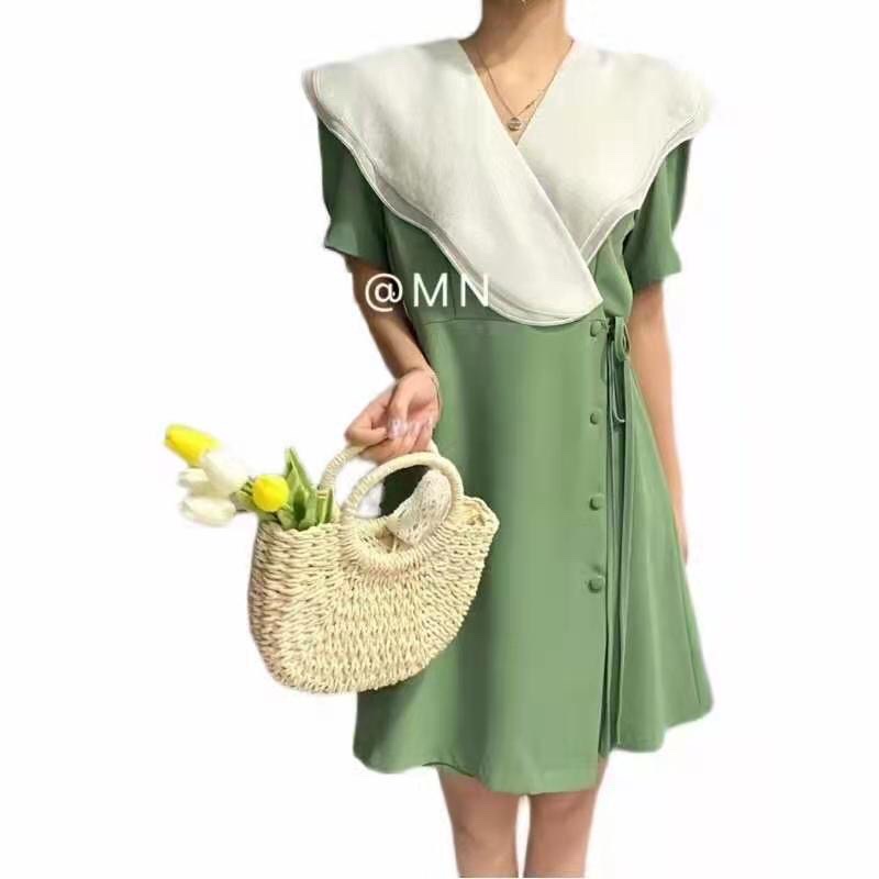 Đầm Phối Màu Đắp Vạt Thắt Dây Eo - BLD22236