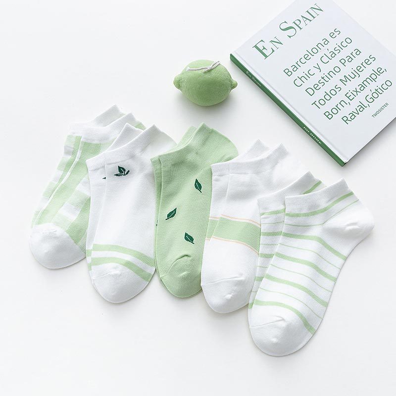 Tất nữ cổ ngắn METAT, set 5 vớ nữ cổ ngắn họa tiết lá xanh cute dễ thương phong cách Hàn Quốc T55