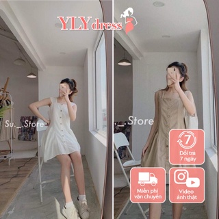 Váy khuy dọc cổ vuông - Váy đầm nữ hai dây cổ vuông phối cục dọc dáng ngắn freesize chất thô mát C362