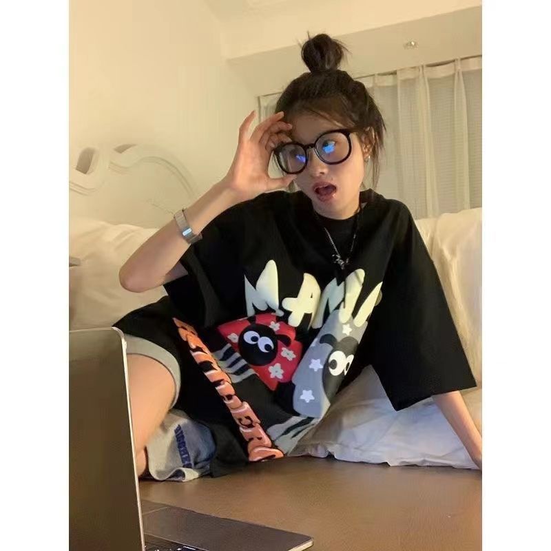 Áo Thun Cotton Ngắn Tay Dáng Rộng In Họa Tiết Hoạt Hình Theo Phong Cách Retro Mỹ Dành Cho Nữ