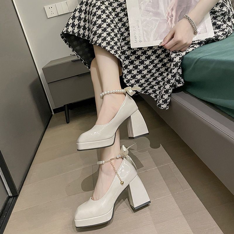 Giày Cao Gót Mũi Vuông Đính Nơ Ngọc Trai Thiết Kế Mới Thời Trang Dành Cho Mù