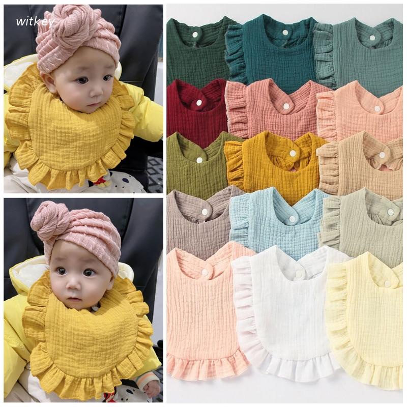 Yếm Ăn Bằng Cotton Mềm Phối Ren Nhún Bèo Dành Cho Bé Sơ Sinh