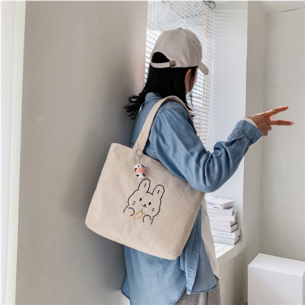 Túi Tote size A4 vải nhung gân hình thỏ đi học đeo vai Hàn Quốc, phụ kiện thời trang TX002