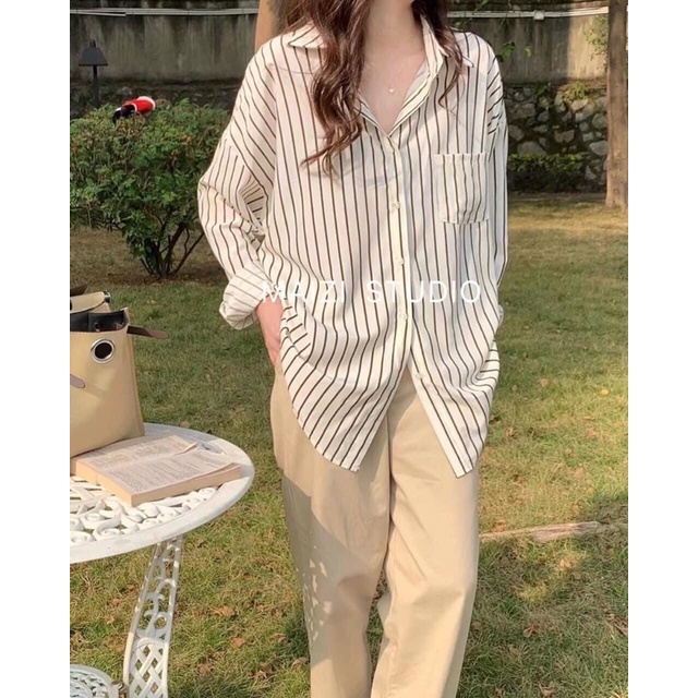Áo sơ mi kẻ dài tay from rộng đủ màu, Áo sơ mi đi học dáng dấu quần