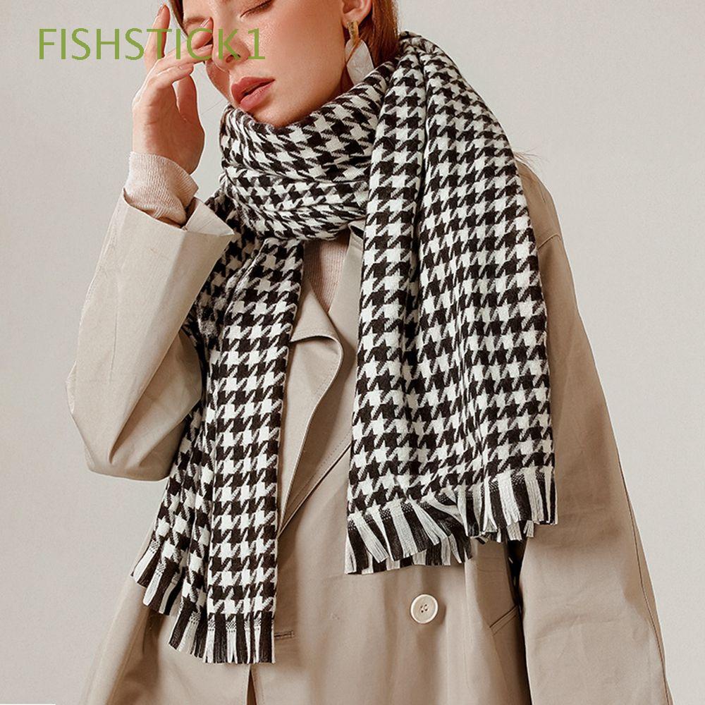 Khăn choàng len cashmere dài in họa tiết Houndstooth đơn giản phong cách retro Hàn Quốc cho nữ FISHSTICK1