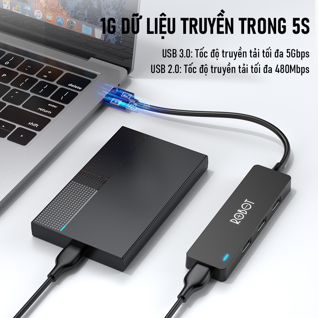 USB Hub Chuyển Đổi ROBOT H160 USB A Sang 4 Cổng USB 3.0 USB 2.0 Tốc Độ Truyền Tải Tối Đa 5Gbps