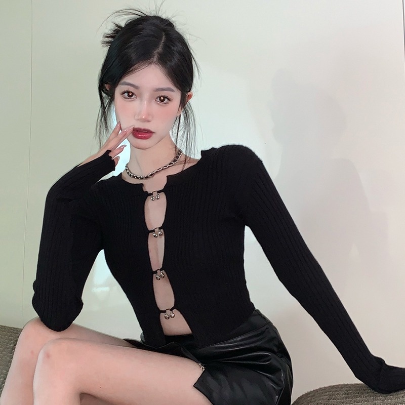 Áo Croptop Dệt Kim Tay Dài Màu Sắc Thanh Lịch