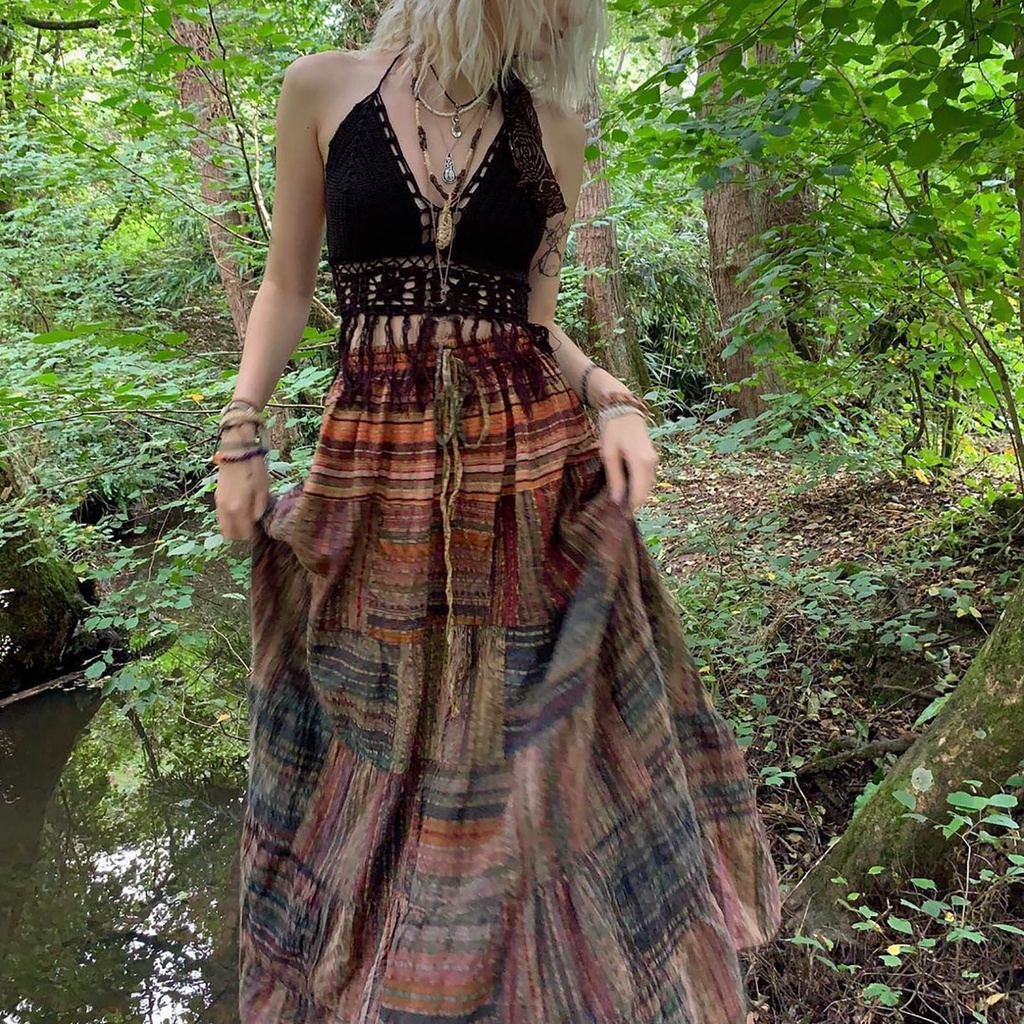 Chân Váy Maxi Lưng Thun Dáng Chữ A Có Túi Phong Cách Boho Mùa Hè Cho Nữ