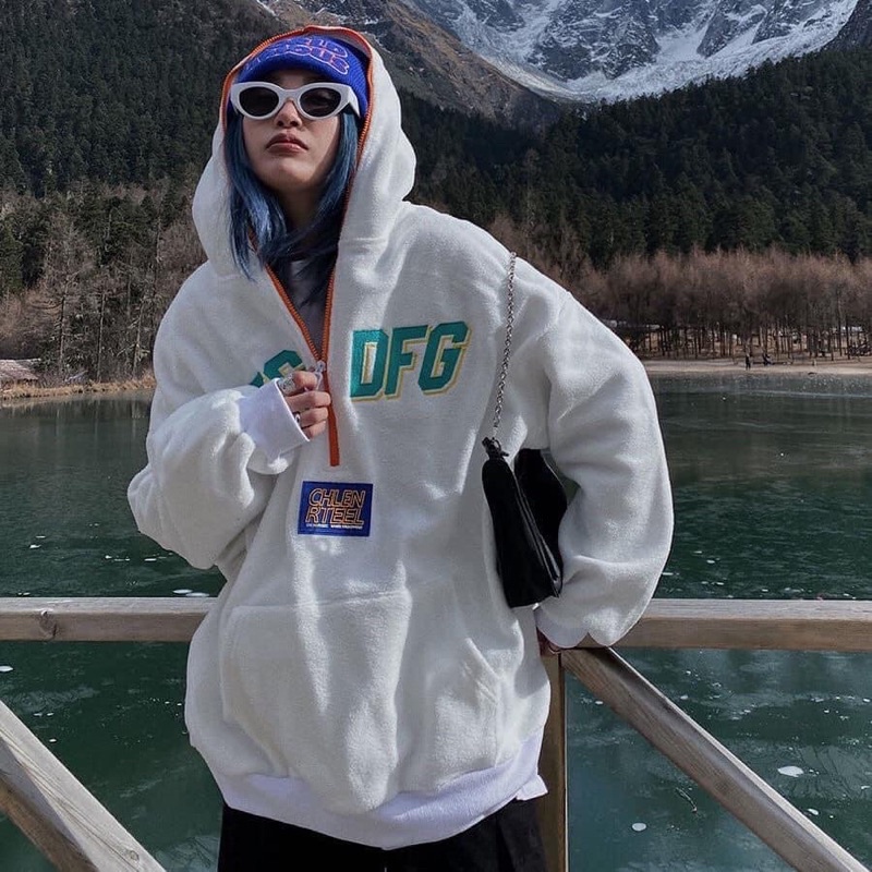 Áo hoodie bông cổ khoá chữ thêu