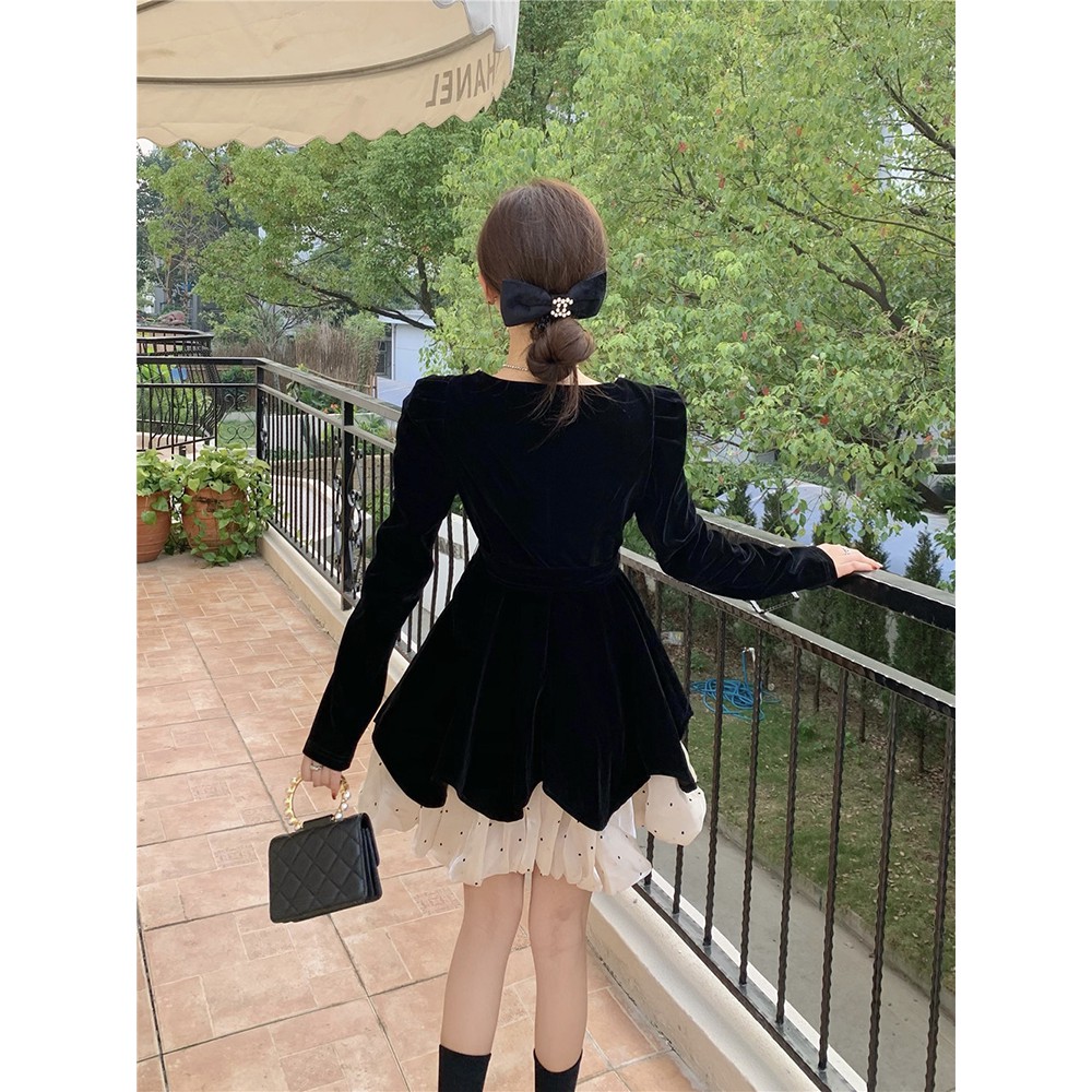 Váy nhung dài tay của nữ phong cách mùa thu kiểu Pháp hàng Quảng Châu cao cấp