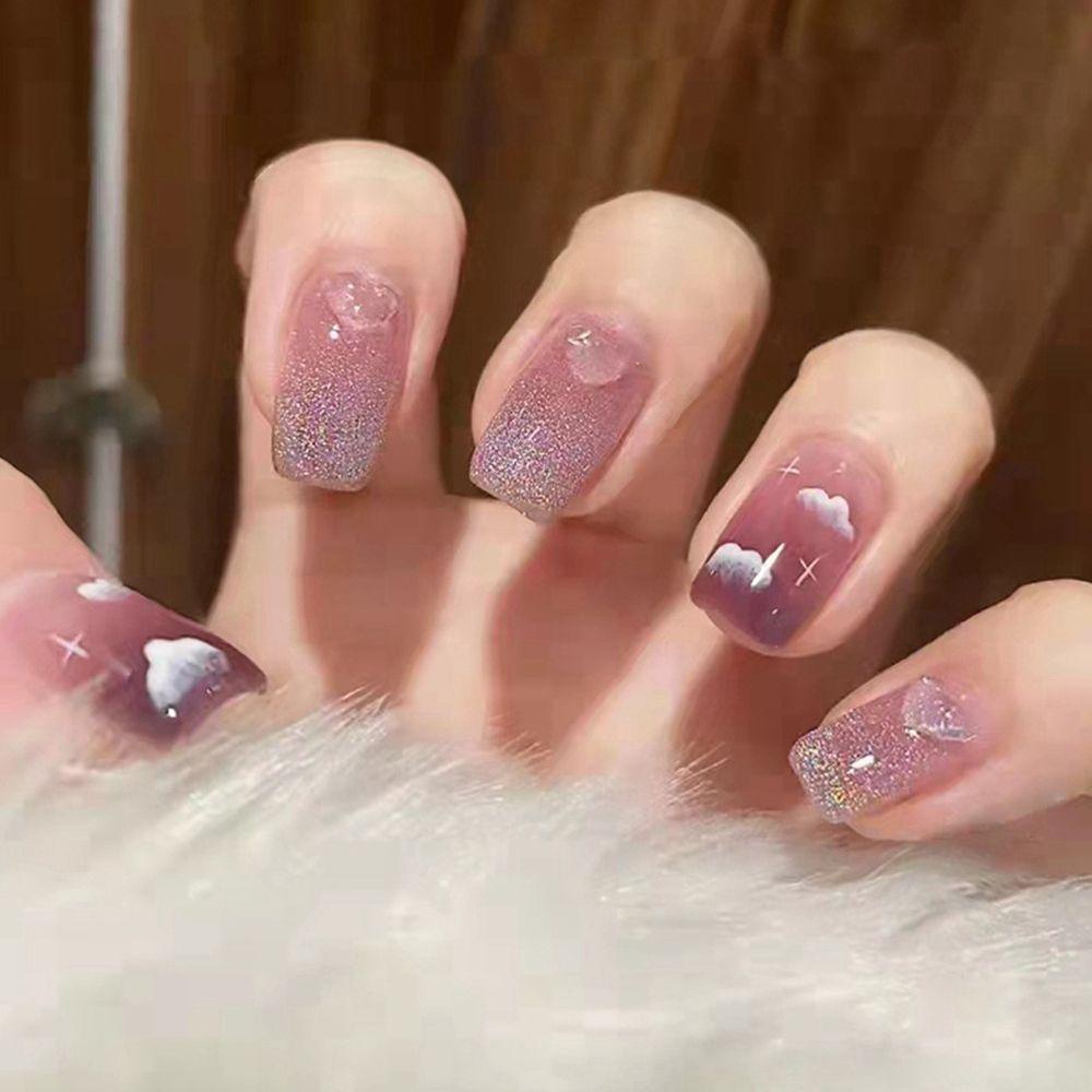 Bộ 24 Móng Tay Giả Đầu Tròn / Vuông Bảo Vệ Toàn Diện Kiểu Pháp