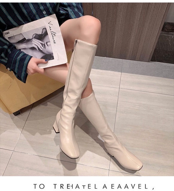 [Sẵn 37] Boots lửng cổ cao dưới gối ôm bắp chân gót vuông cao 6cm / boots đùi nữ da trơn gót vuông