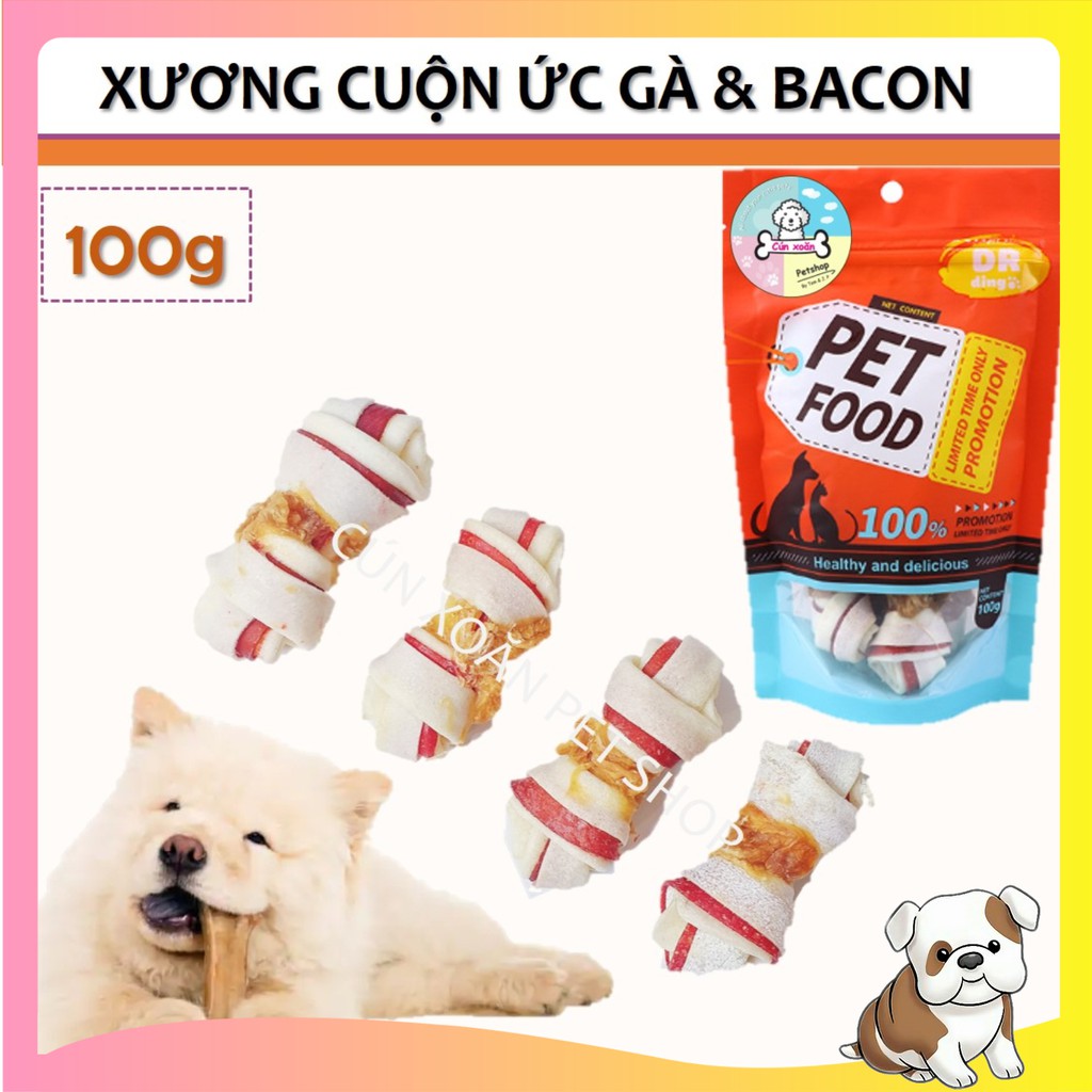 Xương cuộn ức gà và thịt xông khói dành cho chó Dr.Dingo 🧀Túi 100gr - 4 cây nhỏ🧀 xương gặm sạch răng cho chó