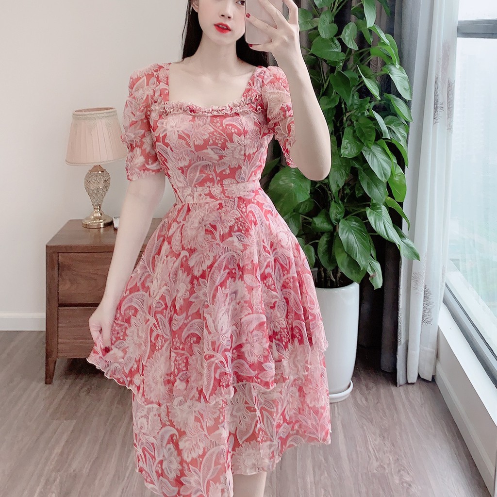 (FREESHIP) Váy đầm hoa dự tiệc ngắn tay chân váy 2 tầng cổ vuông cách điệu