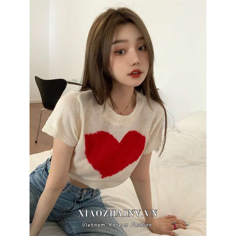 Áo thun croptop Xiaozhainv dệt kim tay ngắn dáng ôm in hình trái tim xinh xắn thời trang mùa hè phong cách Hàn Quốc