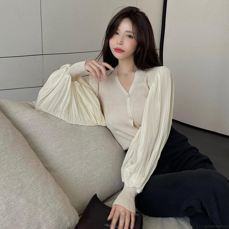 Áo kiểu cardigan dệt kim cổ V tay phồng cài nút thanh lịch thời trang xuân thu cho nữ